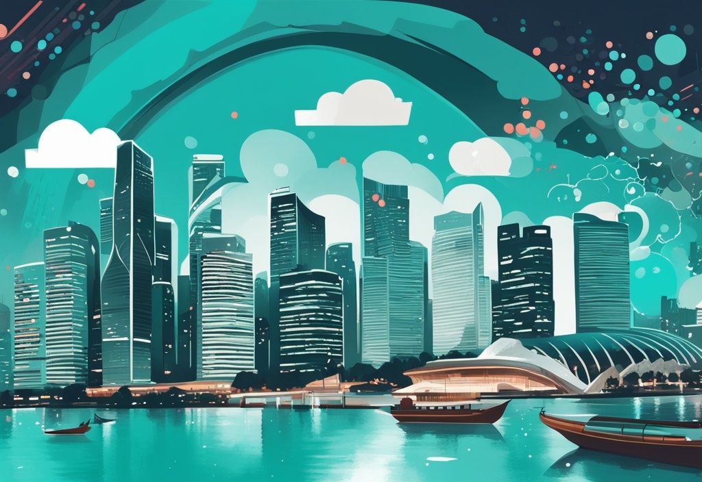 Moderne digitale Malerei von Singapurs Skyline in Türkis mit Infografik-Tipps für Stadterkundung