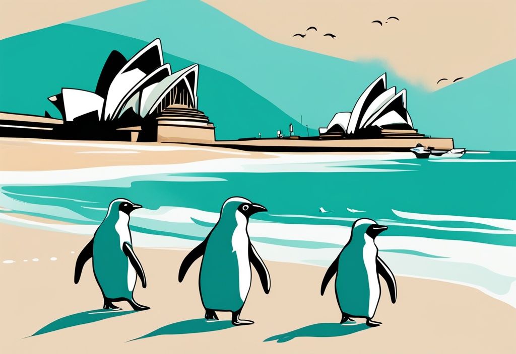 Moderne digitale Malerei von Pinguinen in Australien am Strand mit dem Sydney Opera House im Hintergrund, Hauptfarbe Türkis.