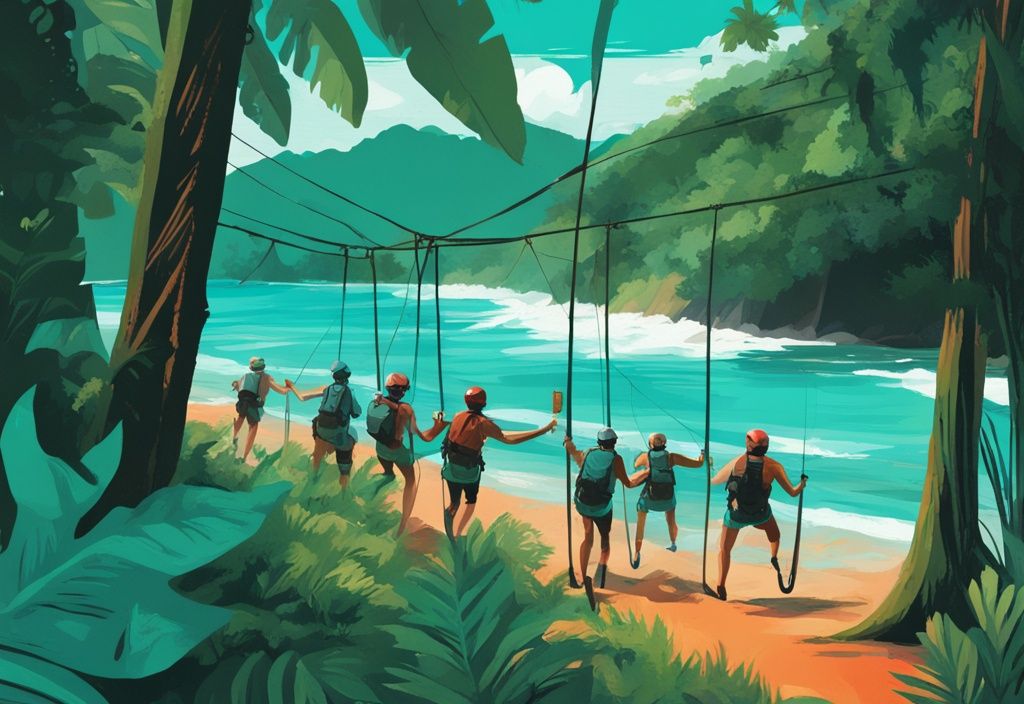 Moderne digitale Malerei, die mögliche Aktivitäten in Costa Rica zeigt: Menschen beim Zip-Lining durch den üppigen Regenwald und andere beim Surfen an der lebhaften Pazifikküste, Hauptfarbe Türkis.