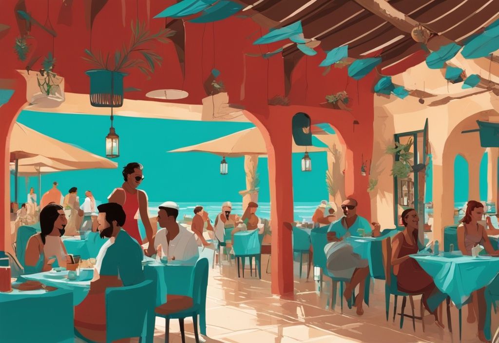 Moderne digitale Malerei eines belebten Restaurants in El Gouna mit Gourmetgerichten und Menschen, die ihre Mahlzeit vor der atemberaubenden Kulisse des Roten Meeres genießen.