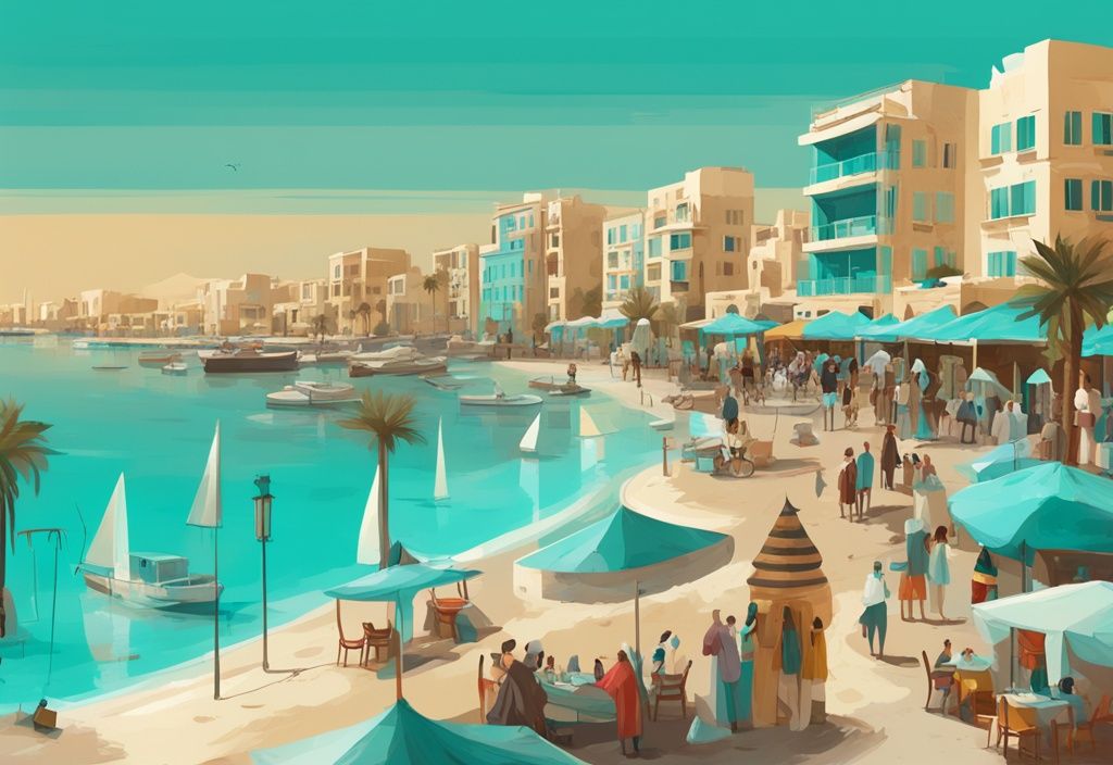 Moderne digitale Malerei von Hurghada: Strände, Märkte, El Dahar Platz und Hurghada Marina, sehenswürdigkeiten hurghada, türkisfarbene Farbpalette.