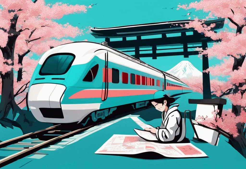 Moderne digitale Illustration eines Reisenden, der eine Karte von Japan studiert, umgeben von ikonischen japanischen Elementen wie einem Shinkansen-Zug, Kirschblüten, Sushi und einem Tempel. Hauptfarbthema ist Türkis. japan reisetipps