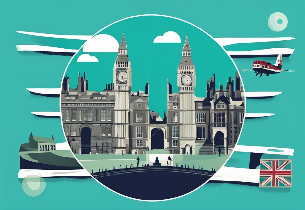 Moderne digitale Illustration in Türkis mit ikonischen Wahrzeichen Großbritanniens wie dem London Eye, Stonehenge und Edinburgh Castle, angeordnet in einem Kreis, der eine Rundreise symbolisiert.