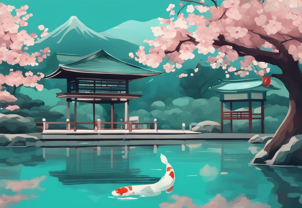 Moderne digitale Illustration eines japanischen Gartens mit Koi-Teich, Kirschblütenbäumen und traditionellem Teehaus in Türkis.