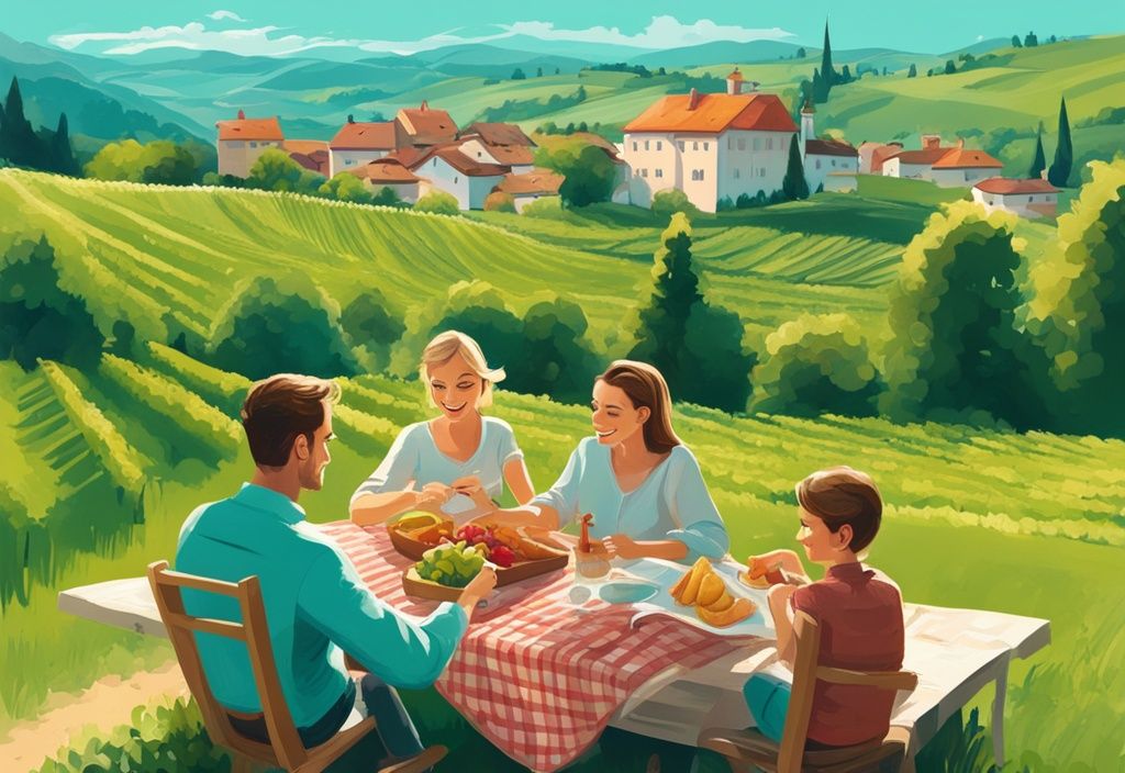 Moderne digitale Malerei mit türkisfarbenem Thema, malerische Aussicht auf grüne Weinberge, sanfte Hügel und ein malerisches österreichisches Dorf in der Steiermark, Familie genießt Picknick unter klarem blauen Himmel